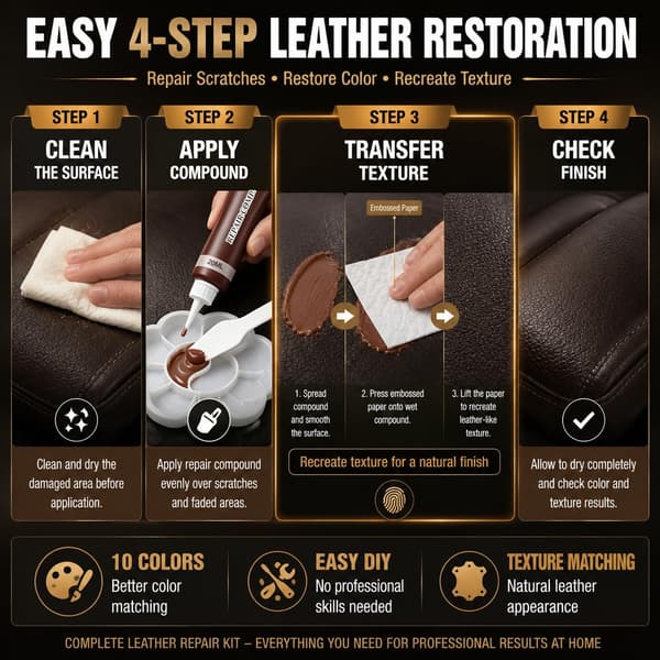 Læderreparationssæt til bilsæder, læderfarve og vinylreparation, 10 farver