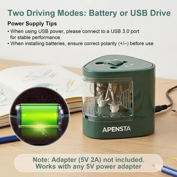 Automatisk elektrisk pennvässare, dubbla hål, 6-12 mm Green
