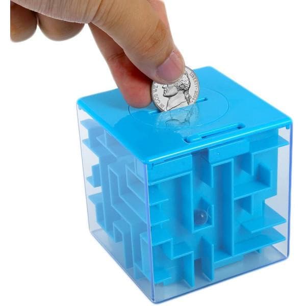 3D Cube Labyrint Puslespil - Sjov Sparegris til Børn - Blå