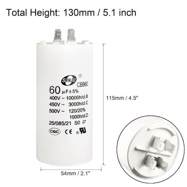 CBB60 Driftskondensator 60uF 450V AC Dobbeltstik