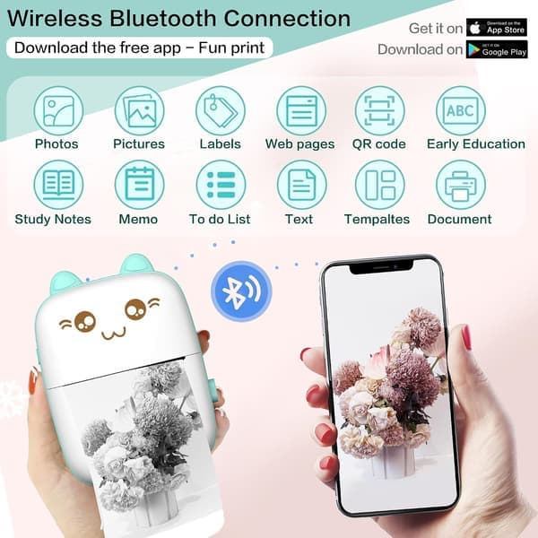 Bluetooth trådløs mini termisk printer med 8 papirruller, kompatibel med iOS + Android, kan bruges til dagbog, notat, foto blå