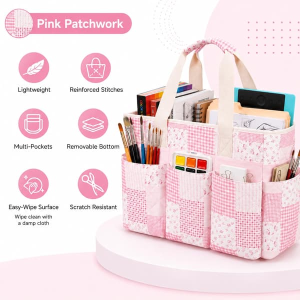 KCWVSIE Blomstret Vattert Oppbevaringsveske for Håndarbeid Robust Arrangør for Kunstutstyr Pink Patchwork