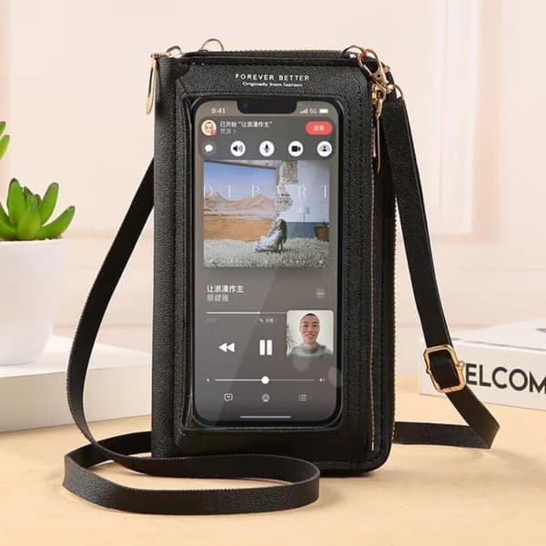 Mobiltaske med touchskærm, lille skuldertaske, sort Black