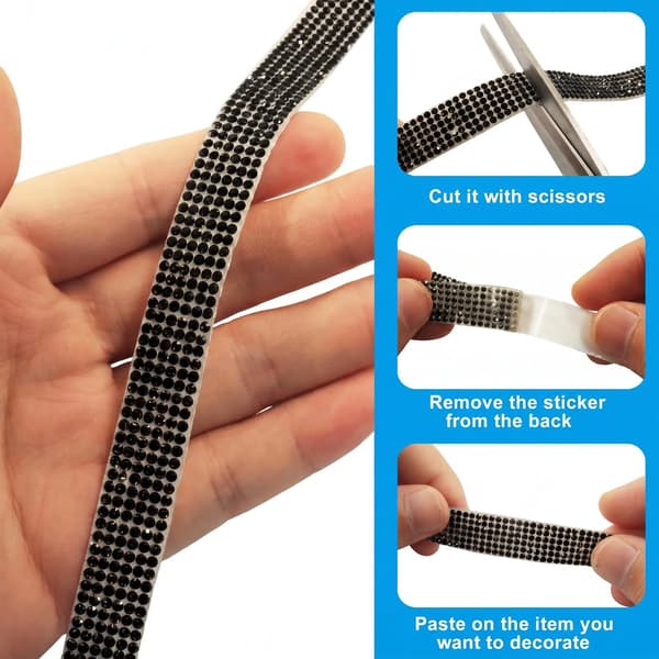 Jiozermi Sort Selvklæbende Rhinstensbånd, 3 Yards, 6 Rækker 6 Rows Black