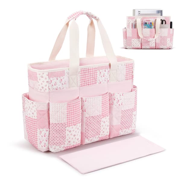 KCWVSIE Blomstret Vattert Oppbevaringsveske for Håndarbeid Robust Arrangør for Kunstutstyr Pink Patchwork