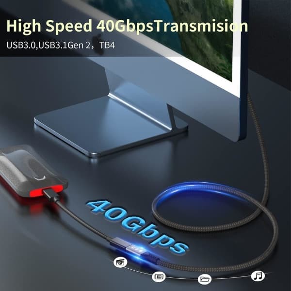 Thunderbolt 4 förlängningskabel, USB-C-kabel till USB-C hane till hona, stöder 8k/5k@60hz video / 40gbps dataöverföring / 100w laddning
