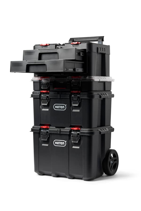 Keter Stack-n-Roll Værktøjskasse med to skuffer til smådele og tilbehør til elværktøj, passer til Keter modulopbygget værktøjsopbevaringssystem : Industriel & 2 Drawer Black/Red