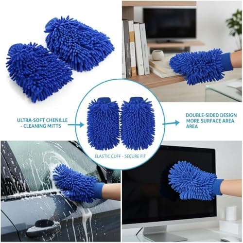 Chenille rengöringsvante, dubbelsidig mikrofiber dammhandske med elastisk mudd för hem- och bilrengöring, 1-pack (blå, 1)