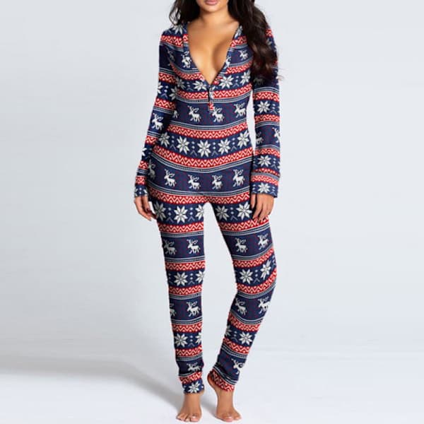 Dam One Piece Tryckt Sovplagg Jul Pyjamas Jumpsuit Rompers Långärmad Nattkläder Vit