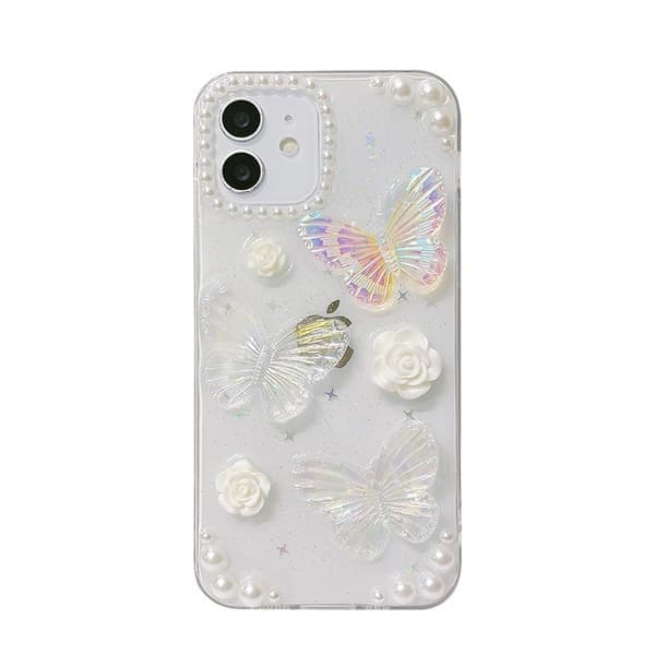 Gjennomsiktig telefondeksel til iPhone 13, glitter, blomsterdesign, sommerfugldesign iPhone 13