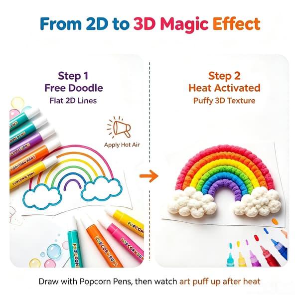 Popcorn-penner 3D-kunst Magiske Popcornpenner Relieffkunstpenn 3D Puffy Tegnesett 2set-12pc