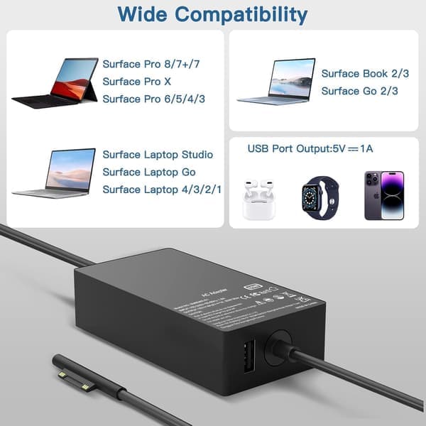 65W Microsoft Surface Laptop Notebook Laddare Kompatibel med Surface Pro 8 X 7 6 5 4 3
