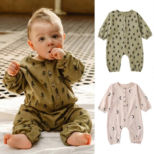 Bomuld Nyfødt Baby Rompers Søde Trykte Tøj Langærmede Bodysuits Åndbart Nattøj Pyjamas til Babyshower, Måne, Størrelse 73 moon 73