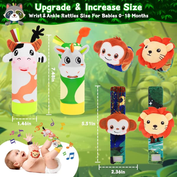 Zendstanding Babyrangle Håndledssokker Sæt til 0-6 Måneder Babyshower Gave Jungle Animal
