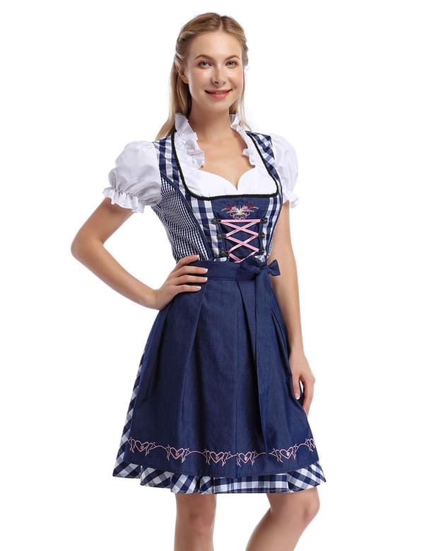 GloryStar tysk Dirndl-ölklänning för kvinnor, 3-delad dräkt för bayersk Oktoberfest och karneval Blue-one pc Medium