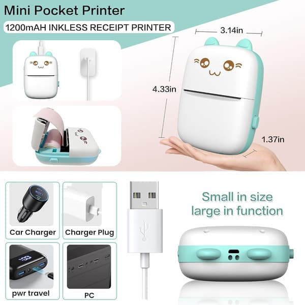 Bluetooth trådløs mini termisk printer med 8 papirruller, kompatibel med iOS + Android, kan bruges til dagbog, notat, foto blå
