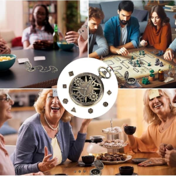 Mini DND terningesæt med steampunk bronze hulboks til lommeur, 7-delt polyhedralt metalsæt, Dungeons & Dragons gave hvid antik
