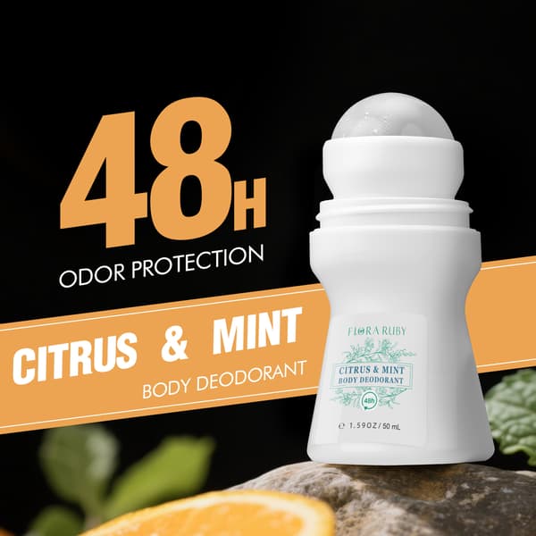 Flora Ruby Citrus & Mint Body Deodorant Roll-On, 48H luktskydd, fräsch svalkande doft, 1,59 oz / 50 ml citrus mint