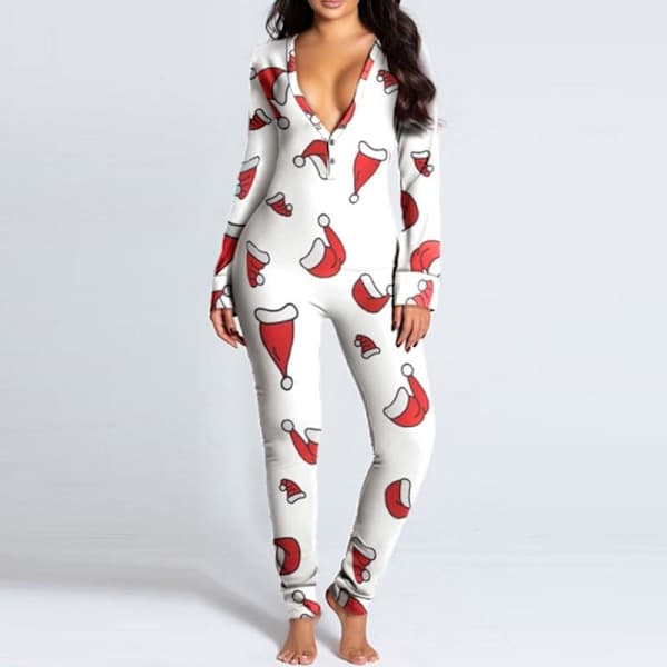 Dam One Piece Tryckt Sovplagg Jul Pyjamas Jumpsuit Rompers Långärmad Nattkläder Vit
