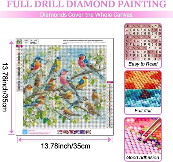Vårfugler 5D Diamantkunst, Diamantmaling for Voksne 35x35cm