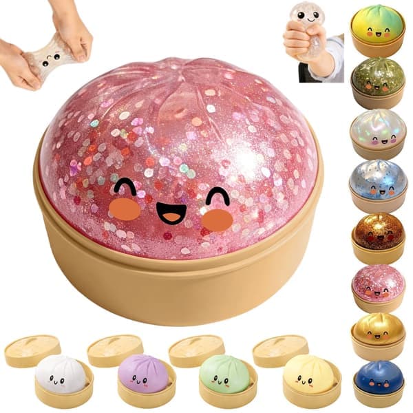 Dumpling Squishy Stressball, Glitterball Squishy, Sensorisk Klemmeleke for Stresslindring (Rosa)