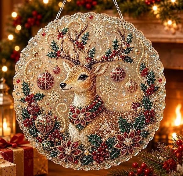 Juleperle Diamantmaleri Solfanger-sett, DIY Håndverk (#A, 20 cm) Christmas Giraffe