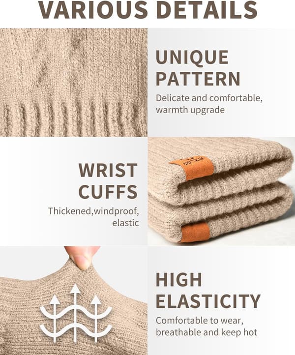 Vinterhandskar för damer med fleecefoder, pekskärmsvänliga varma stretchiga tjocka stickade handskar ullhandskar termiska handskar utomhus vinterpresenter beige