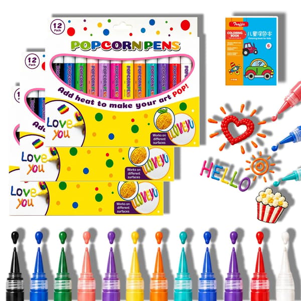 Popcorn-penne 3D-kunst, varmeaktiverede pustende kunstmarkører til håndværk (12-pak, 3 sæt) 3set 12pack