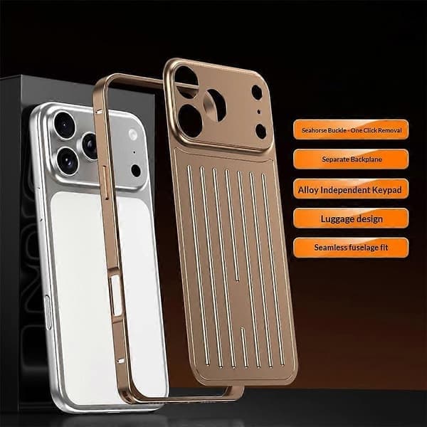 Kompatibelt iPhone 17 Pro Max sjöhästspännefodral med bagagedesign i aluminiumlegering, guld Gold