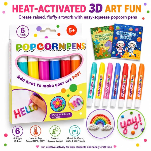 Popcorn-kynät, 3D Magic Popcorn-kynät Puffy, Kupla Popcorn-piirustuskynät 3Set*6Colors