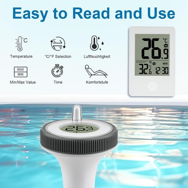 Trådlös Pooltermometer, Flytande Digital Vattentermometer, IP67 Vattentät för Pool, Damm, Spa Vit