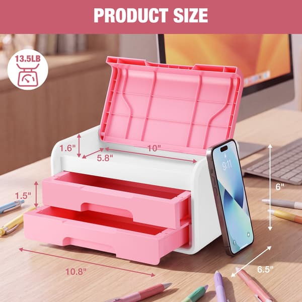 WORKPRO Liten förvaringslåda med 2 lådor och fällbart lock Pink & White