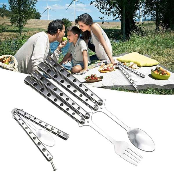 Vikbar fjärilsgaffel och sked i rostfritt stål för camping Fork