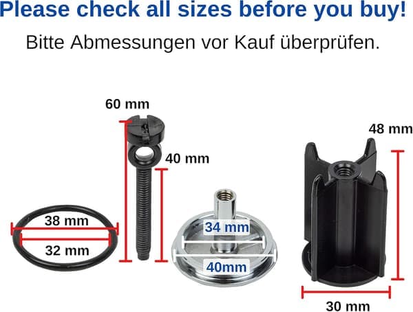 Universal vaskeprop Ø 40 mm, forkromet afløbsprop, med gummipakning, højdejusterbar prop