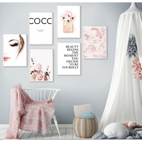 Väggkonst Affischset 6 st, A4 Vardagsrum Sovrum Väggdekor Tryck, Coco Rose Mönster Modern Heminredning (Ingen Ram)