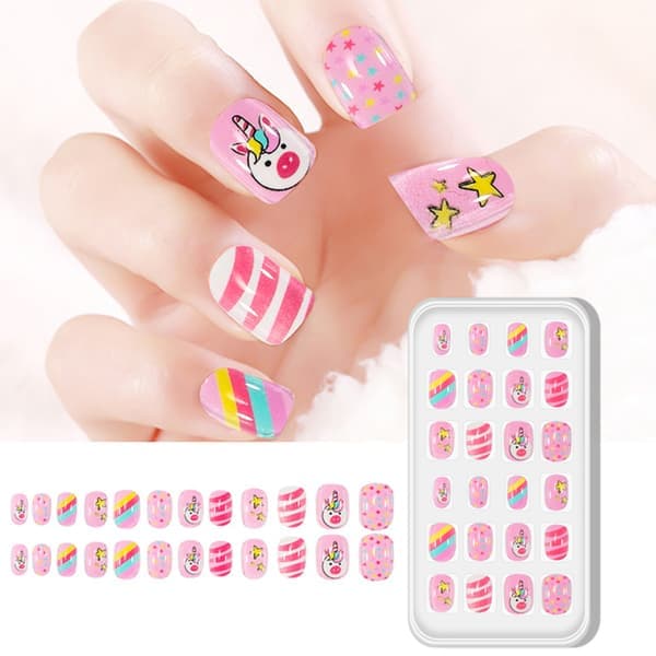 Barn Nagelavtryck Förlimmade Heltäckande Glitter Gradient Regnbåge Korta Lösnaglar Kit Barn Söt Present Liten Flicka Konstdekoration