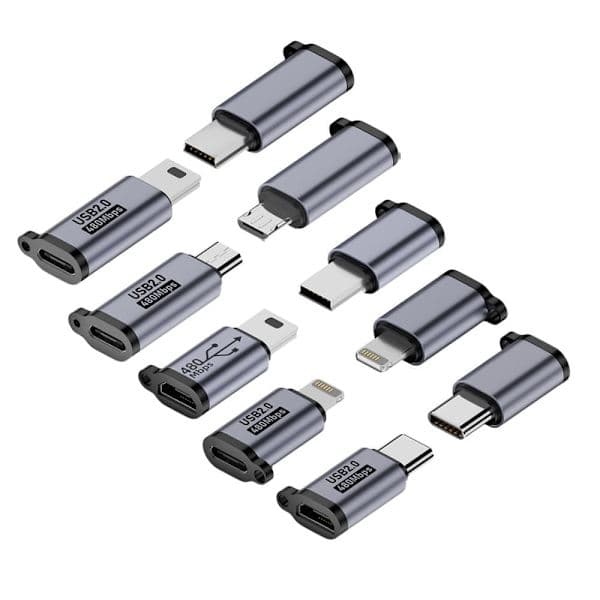 USB-sovitinsarja, 5 kpl, Type C Micro USB - Lightning Mini -sovittimet, yhteensopiva Android- ja iOS-laitteiden kanssa