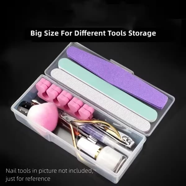 Klar plastik negleværktøjsopbevaringsboks, rektangulær hængslet låg hardware dele organizer etui, bærbar støvtæt manicure tilbehørsbeholder til