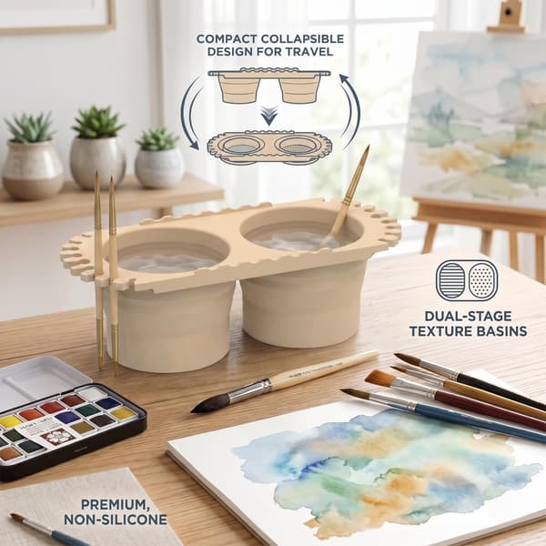 Malingpenselrensekopp med dobbelt rom og holder, beige