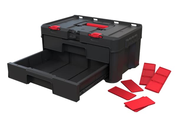 Keter Stack-n-Roll Værktøjskasse med to skuffer til smådele og tilbehør til elværktøj, passer til Keter modulopbygget værktøjsopbevaringssystem : Industriel & 2 Drawer Black/Red