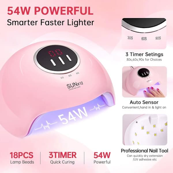 UV LED neglelampe 54W, gel negletørker med timerdisplay, autosensor, rask herding, rosa