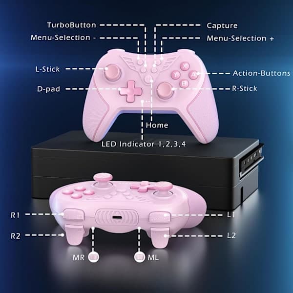 Controller til Switch, trådløs controller kompatibel med Switch Lite/Oled, TURBO/Makroprogrammering/Justerbar vibration/6-akset gyroskop Pink