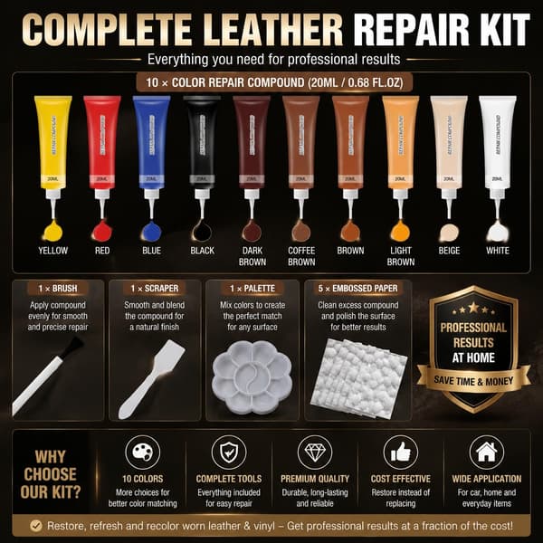 Læderreparationssæt til bilsæder, læderfarve og vinylreparation, 10 farver