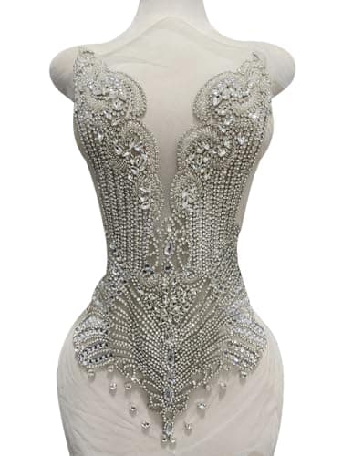 Overdimensjonert Bodice Patch Paljetter Rhinestone Håndsydd Krystallperlet Blondeapplikasjon for Brudekjole Plaggdekorasjon (Sølv) : Kunst, Håndverk & Silver