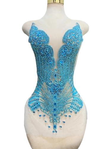Overdimensjonert Bodice Patch Paljetter Rhinestone Håndsydd Krystallperlet Blondeapplikasjon for Brudekjole Plaggdekorasjon (Himmelblå) Sky blue