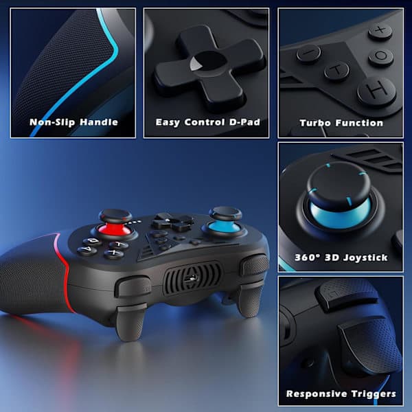 Controller til Switch, trådløs controller kompatibel med Switch Lite/OLED, Turbo/Makroprogrammering/Justerbar vibration/6-akset gyroskop/Skærmbillede Black