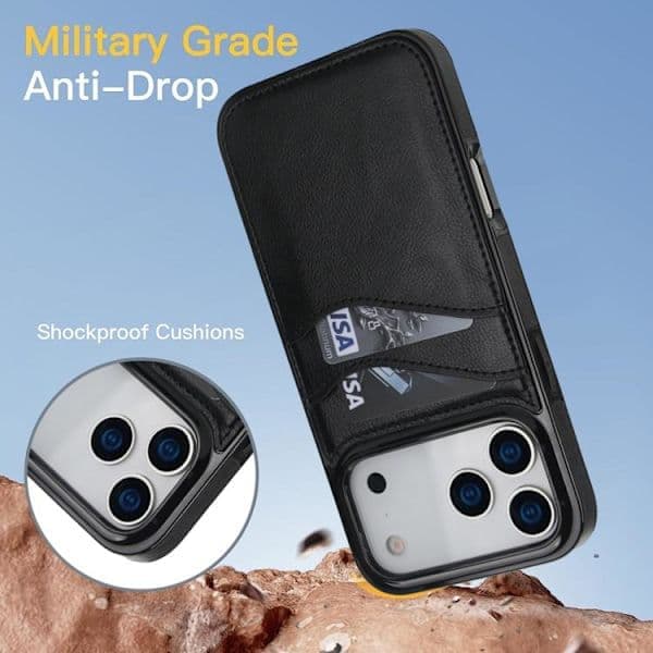 iPhone 17 Pro Max Cover - Litchi Læder med Kortplads Sort Sort Svart