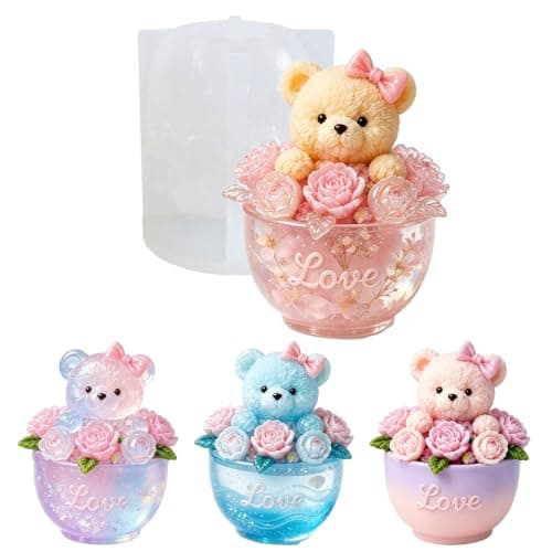 3D Rosebjørn Silikonform for Resin, Søt Dyre Epoxy Støpeform Rose Bear