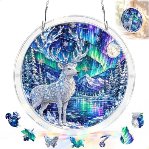 Vinterhjort Akryl Puslespill Solfanger, Vindusdekor 6.3\" 7.8x7.8 IN Aurora Deer