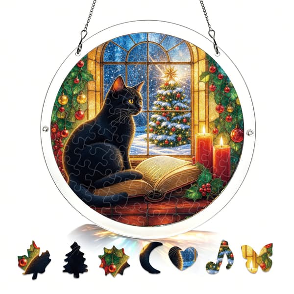Julekatt Akryl Puslespill Solfanger, 83 Biter DIY Vindusdekor Christmas Cat